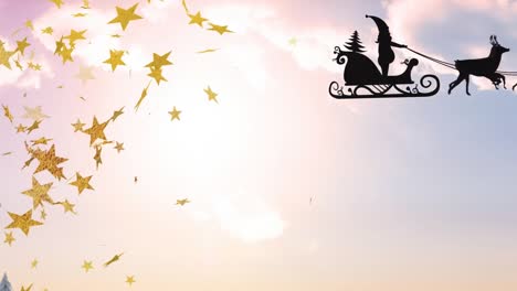 Animation-of-santa-flying-sleigh-with-reindeers-and-moving-stars-against-cloudy-sky