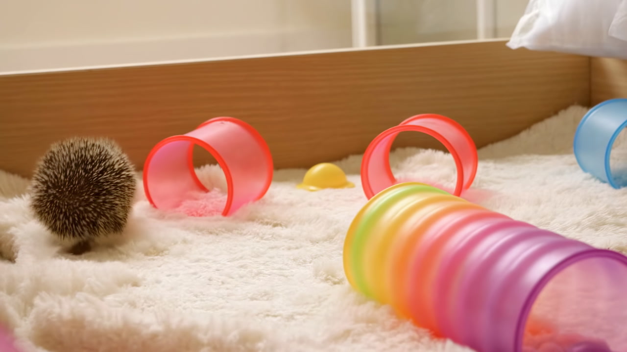 Small Hedgehog Exploring Colorful Plastic Tunnel Across Fluffy Blanket, Sniffing Toys And Investigating Red
