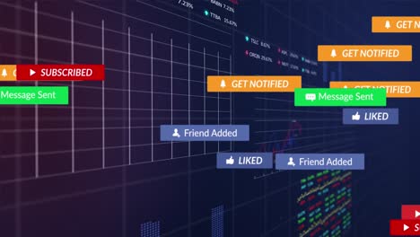 animation of notification bars, graphs and trading boards over black background