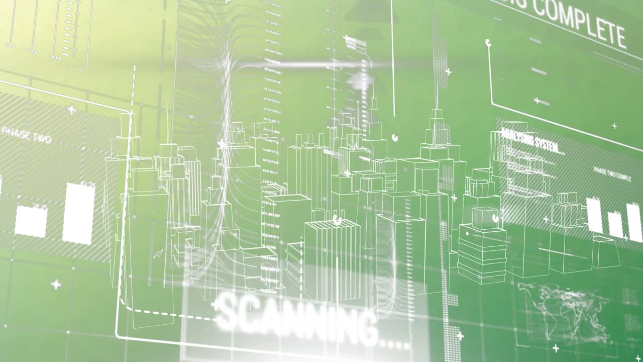 추상적인 배경 위에 프로그래밍 언어와 바 그래프로 디지털 도시 풍경의 애니메이션