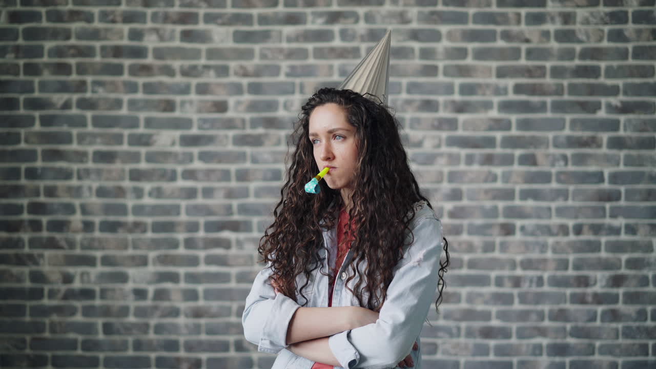 Woman with Party Hat and Whistle, Looking Bored