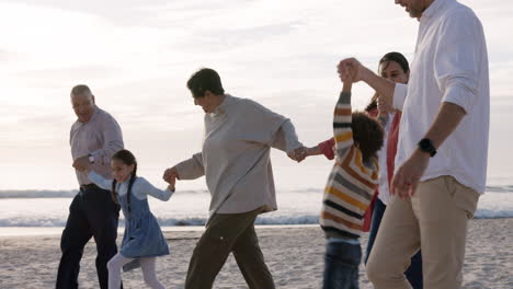 beach, children and happy family holding hands