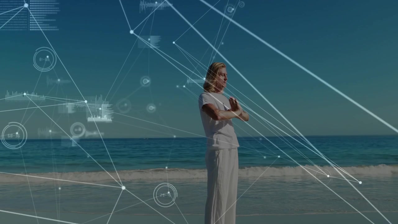 Uomo adulto che respira, alza le braccia, unisce i palmi, incrocia le braccia sulla riva, con HUD che si allinea per la consapevolezza.