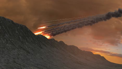 asteroid impact over mountains at sunset