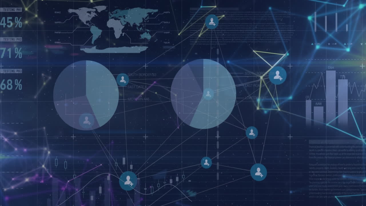 Animation of network of profile icons and statistical data processing against blue background