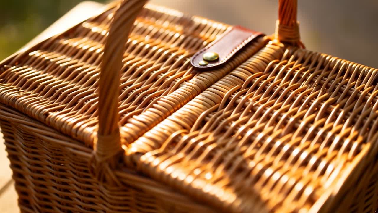 Movimento della camera che rivela un cesto da picnic intrecciato su un tavolo sotto la calda luce del sole, che mostra il cinturino in pelle