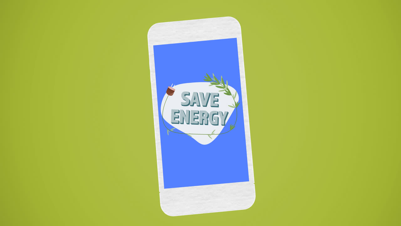 Animation of save energy text and logo on blue smartphone screen, on green background