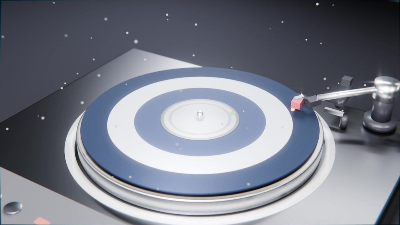 Spinning vinyl, tonearm moving inward playing music with red stylus amid dust, studio