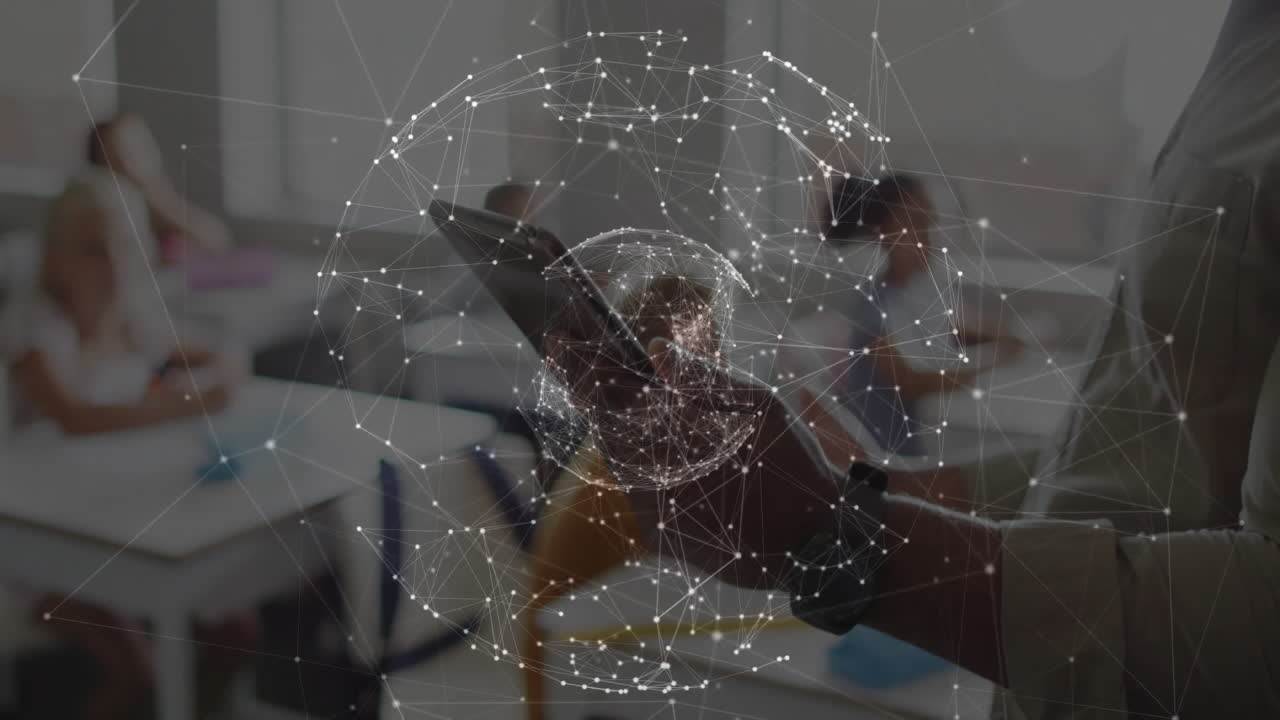 Digital network connections animation over person using tablet in classroom