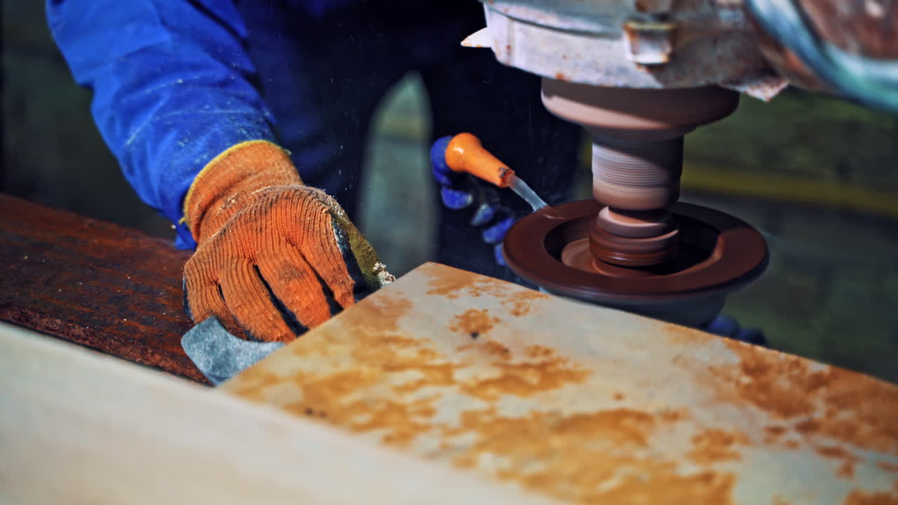 Industrial marble cutting factory. Man professional worker cutting tile with circular saw