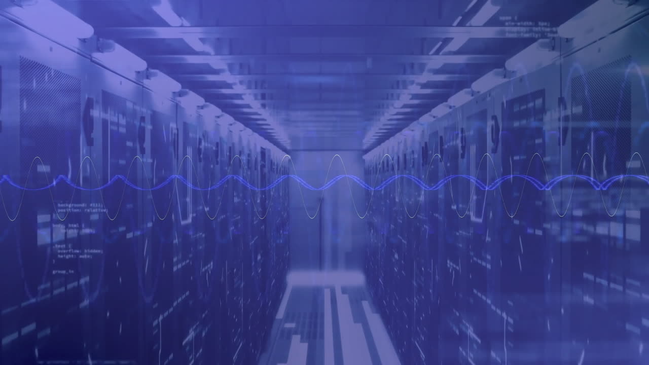 Data processing animation over futuristic server room with blue lighting