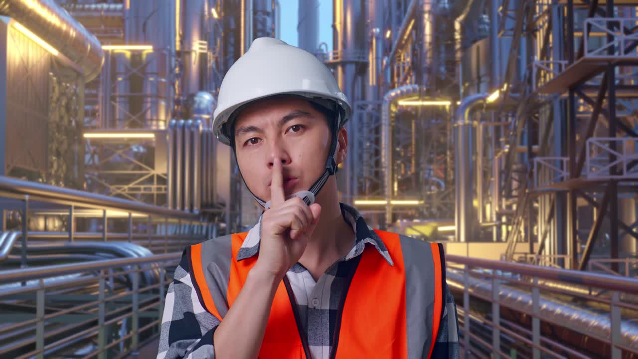 Close Up Of Asian Male Engineer With Safety Helmet Making Shh Gesture While Standing At A Vast Oil Refinery