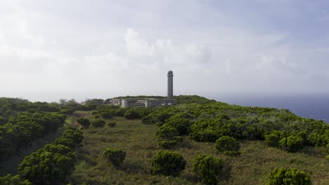 drone-footage-of-a-Lighthouse-revealing-dramatic-cliffs-with-the-Atlantic-Ocean-in-the-background,-São-Jorge-island,-the-Azores,-Portugal