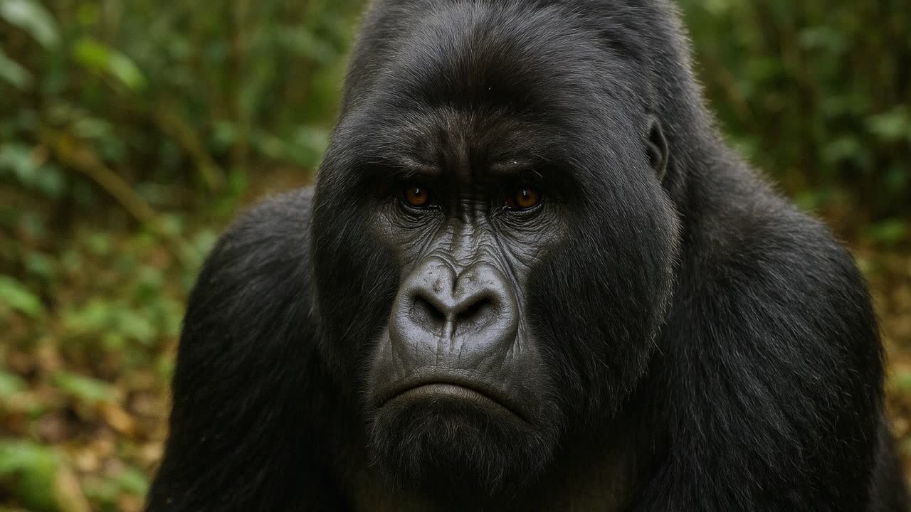 Close-up video shot of a gorilla in a lush forest, capturing its intense gaze and textured fur