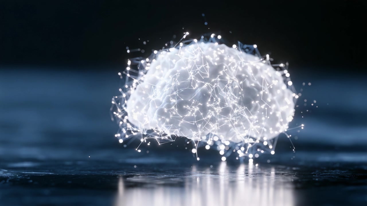 Una straordinaria rappresentazione visiva di un cervello circondato da una rete di connessioni illuminanti, che simboleggia il potere del pensiero e dell'intelligenza in un ambiente digitale.
