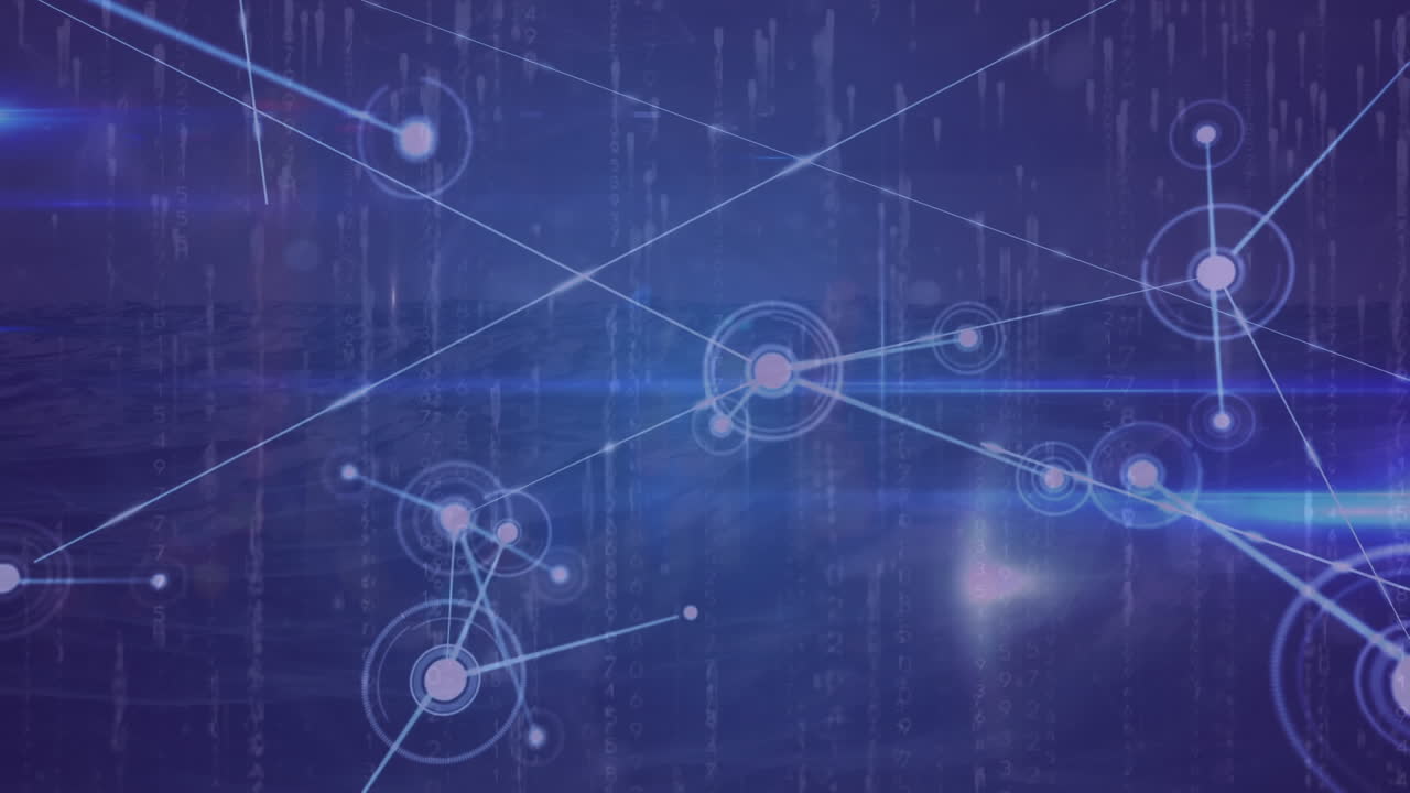 파란색 배경에 디지털 파도에 대한 연결 네트워크와 빛 트레일의 애니메이션