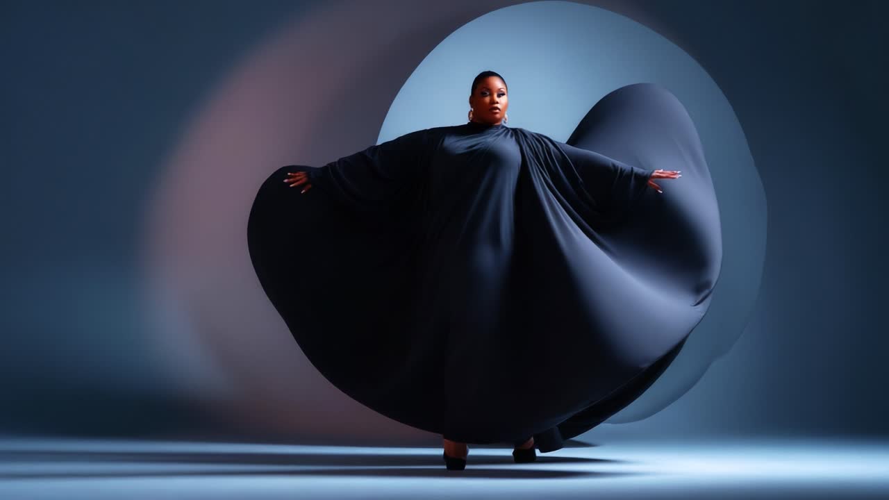 A captivating fashion performance showcasing a figure in a flowing black garment, emphasizing movement and elegance against a soft gradient backdrop, highlighting confident expression and artistry