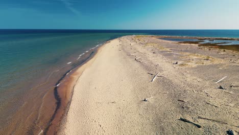 Aerial-view-down-beach-coastline-of-whitefish-point,-lake-superior,-michigan