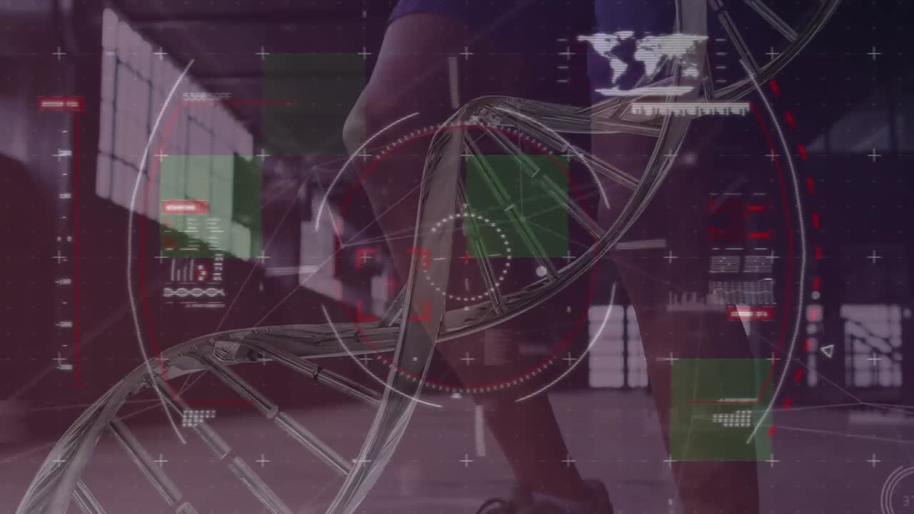 과학적 데이터와 dna를 가진 스크린의 애니메이션은 코카시안 남자의 다리 위에 뛰어다니고 있습니다.