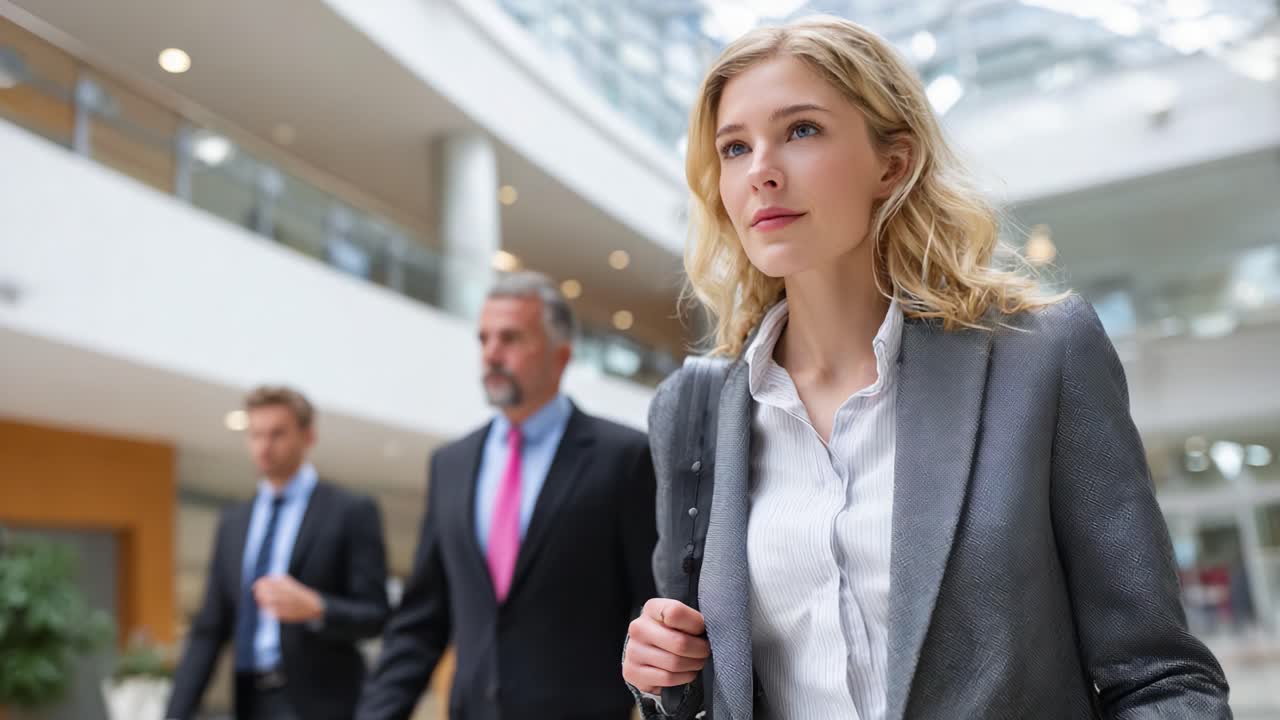 Confident Businesswoman Leading a Team Through an Office Environment: Focus on Professionalism and Collaboration in a Modern Workplace Setting