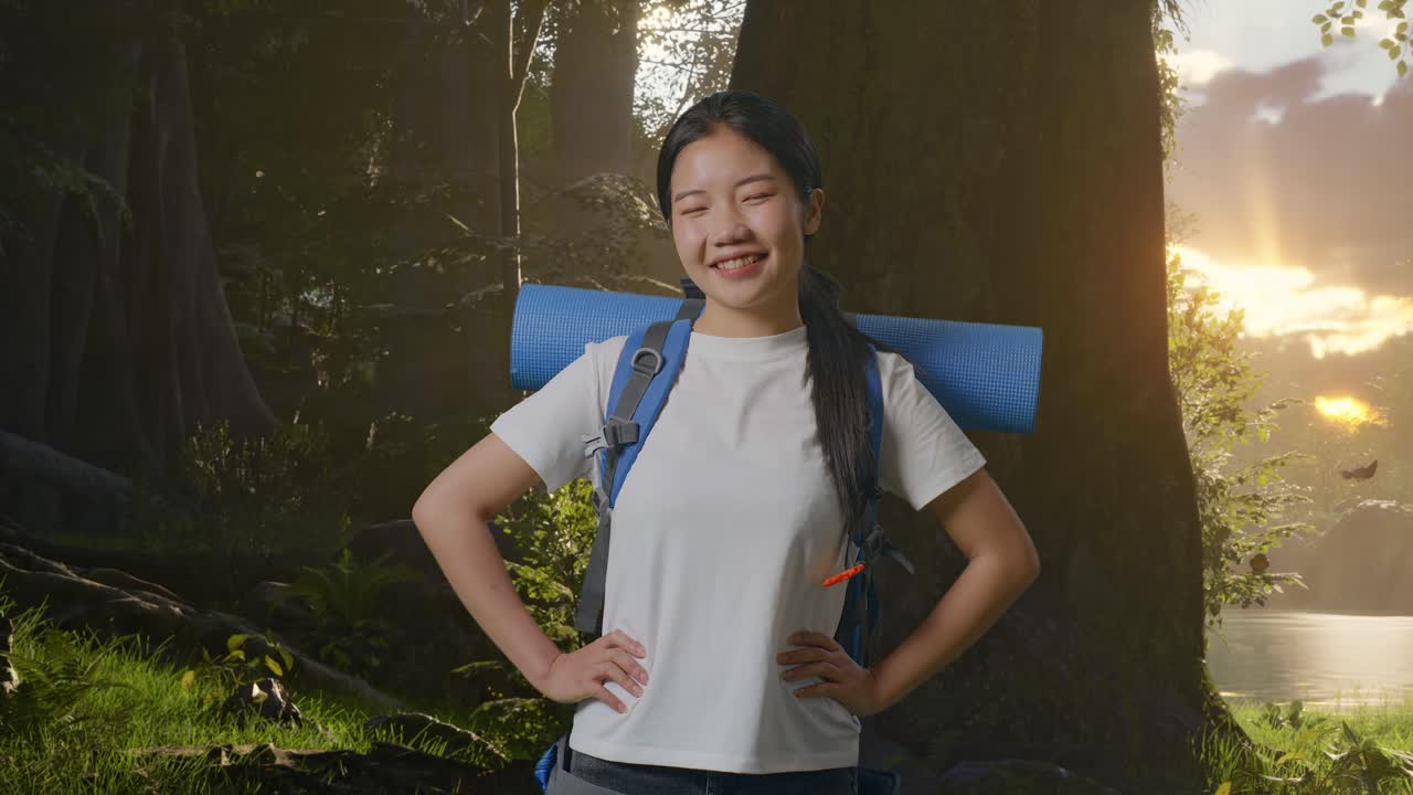 산악 배을 들고 있는 아시아 여성 하이커가 숲의 자연을 탐험하는 동안 미소 짓고 팔을 짓고 있다.