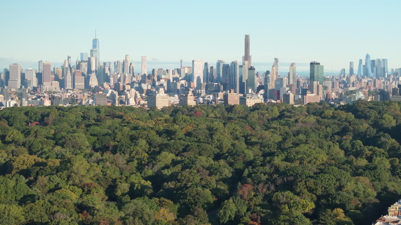 Aerial view of Prospect Park and the Manhattan skyline. Shot on an October morning in 4k.