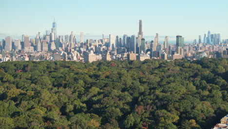 aerial view of prospect park and the manhattan skyline. shot on an october morning in 4k.