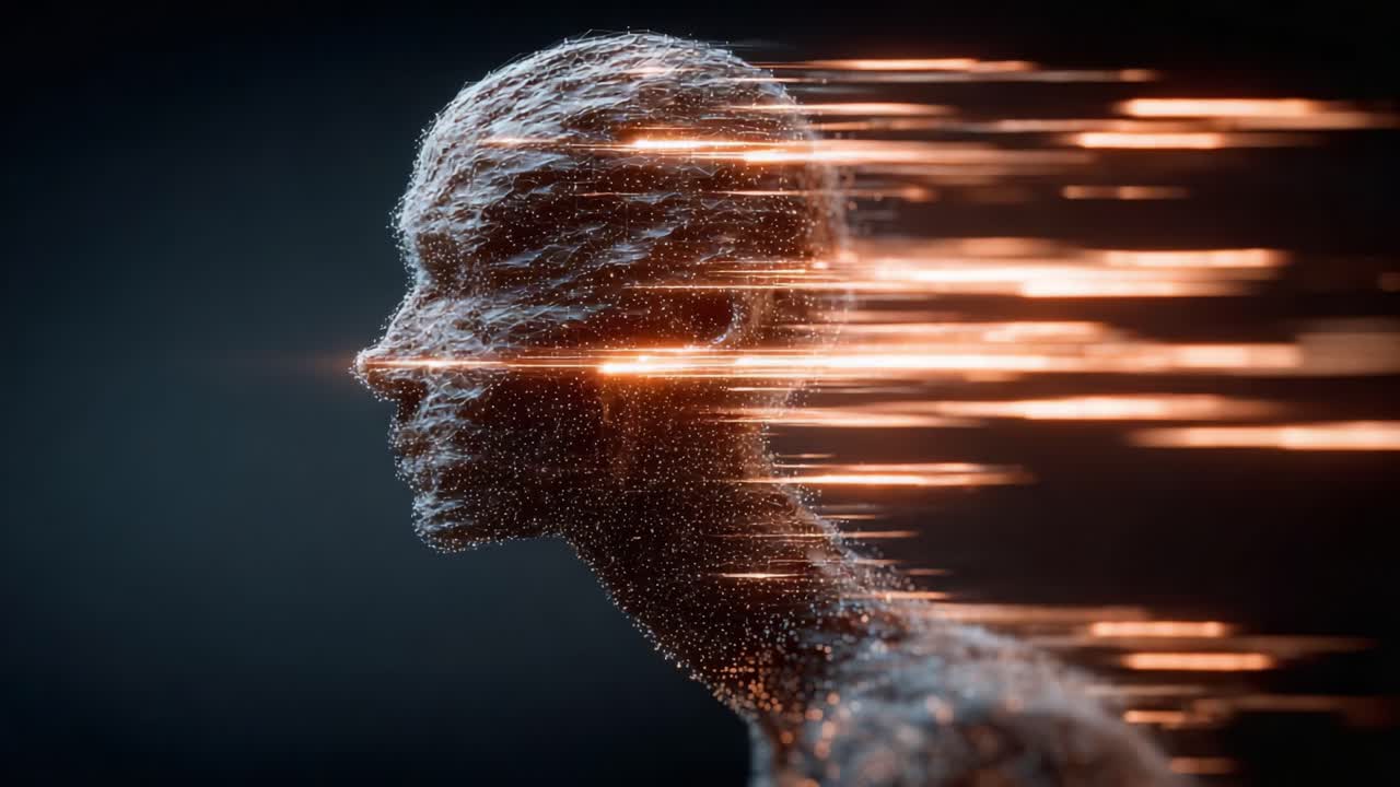 Un'immagine sbalorditiva di trasformazione: una rappresentazione digitale di una testa in movimento, che cattura l'essenza di velocità e fluidità attraverso le dinamiche delle particelle e le scie luminose.