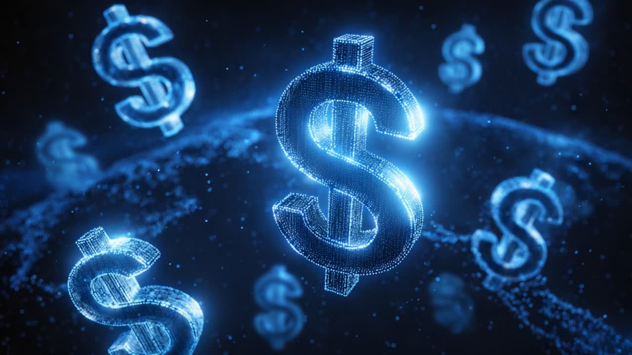 Luminous blue dollar signs composed of digital particles floating and rotating in a futuristic financial cyberspace, representing concepts of digital economy, fintech, and global markets