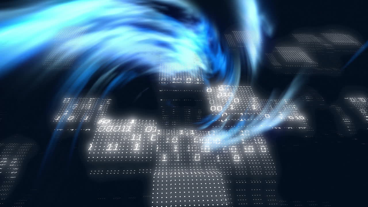 바이너리 코드 및 데이터 처리 애니메이션을 통해 회전하는 파란 빛 효과