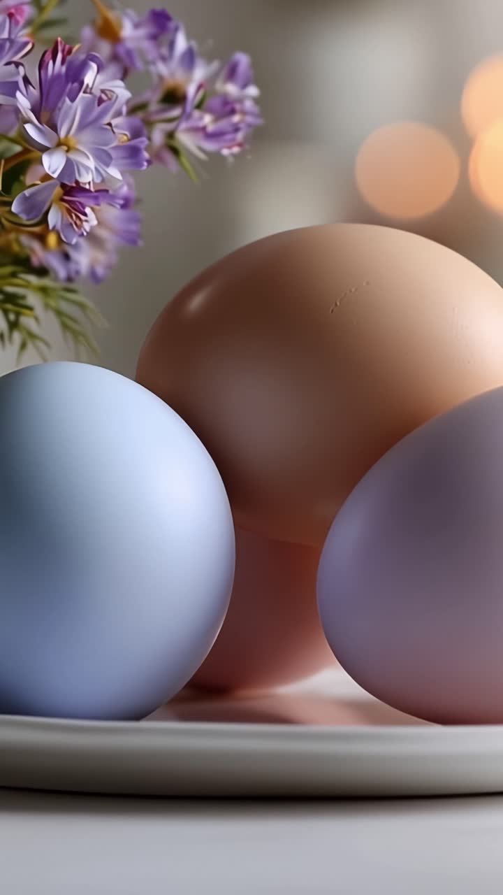 Delicate Display of Pastel Eggs Nestled Next to Vibrant Flowers on a Rounded Plate, Capturing the Essence of Spring and Celebration in Soft Colors