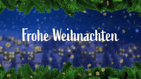 Animation-of-frohe-wihnachten-text-over-winter-scenery-background