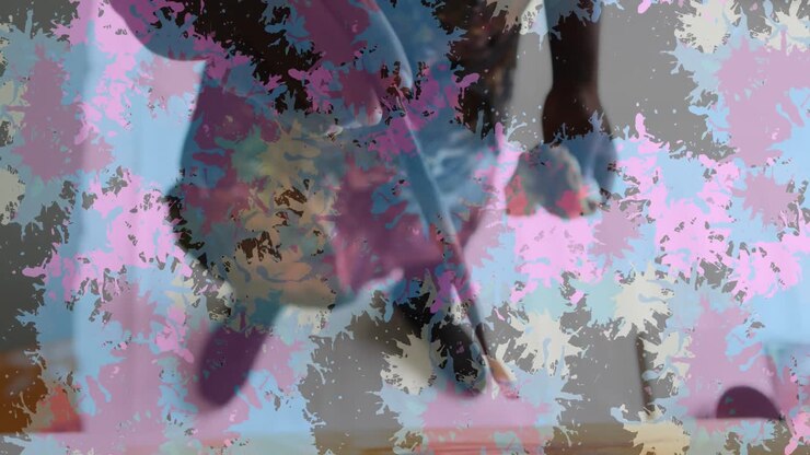 Animation of stains over african american man painting