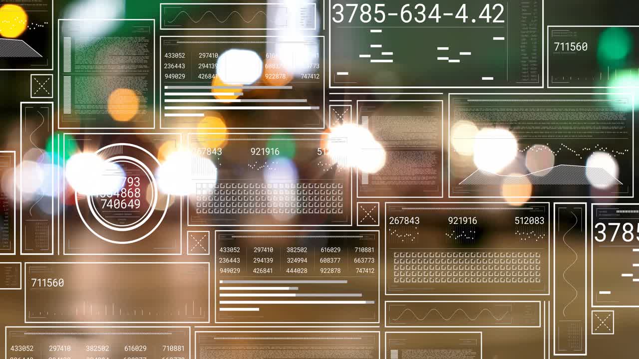 Animazione di elaborazione e analisi dati su sfondo di luci sfocate della città.