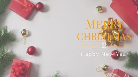 animación de felicitaciones de navidad texto sobre regalos y decoraciones de navidad