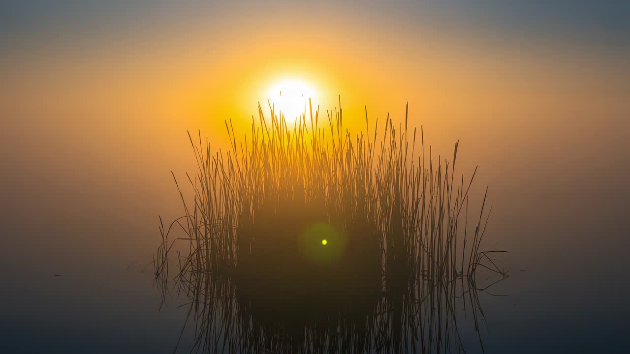 Opstigende sol oplyser horisonten, bader en klynge rør ved marsken med glorie, refleksion og grønt lysglimt.