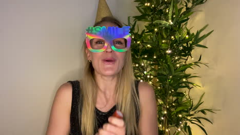 young woman on video call counting down to midnight and celebrating turn of the new year