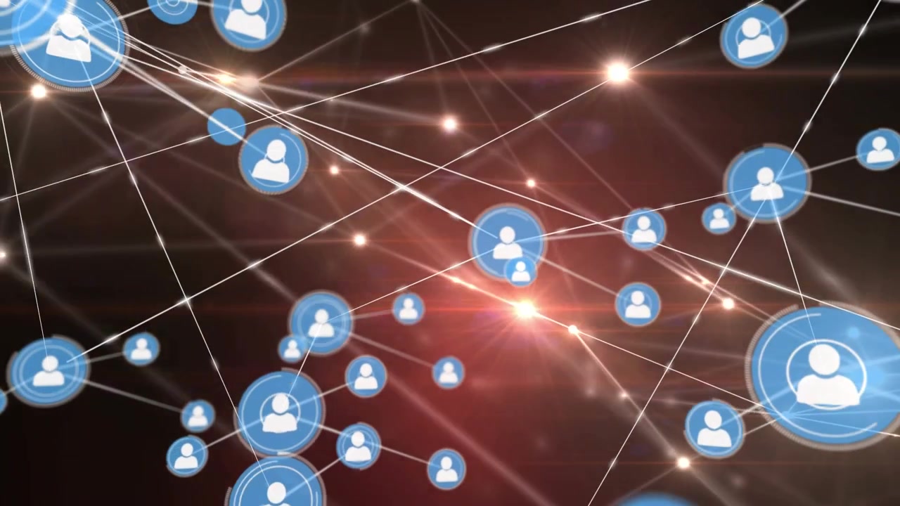 Animazione di rete di connessioni con icone su sfondo nero e rosso