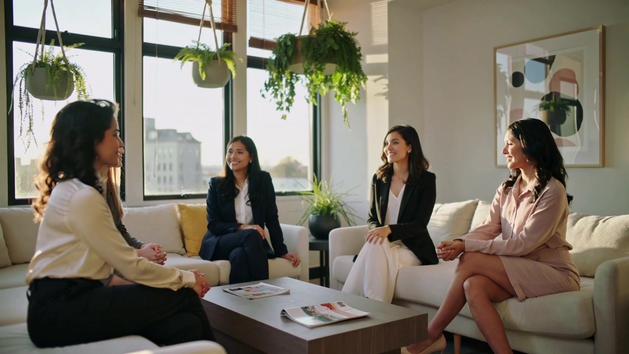 En gestikulerende kollega leder en diskussion i arbejdstøj, mens en nyankommen slutter sig til i loungen med et lavt bord.