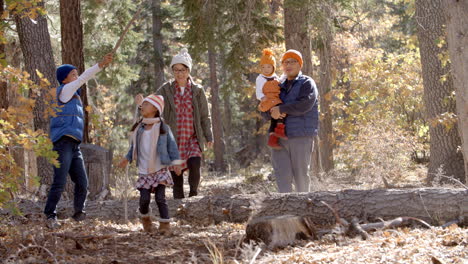 happy asian family enjoying a hike together in a forest