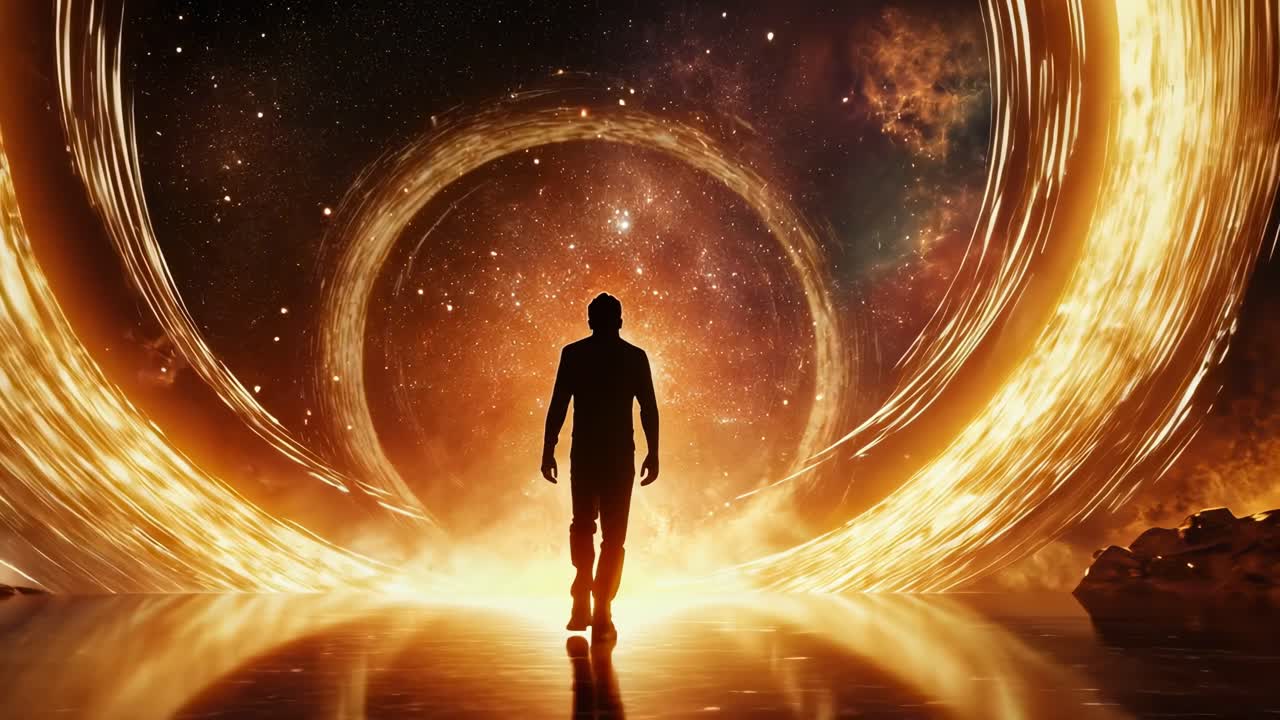 Silhouette of a person walking towards a glowing portal in a cosmic landscape