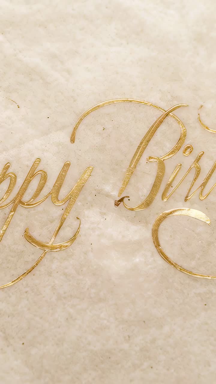 Verticale video: bewegende camera met close-up van gouden letters op een crèmekleurige kaart voor een verjaardag