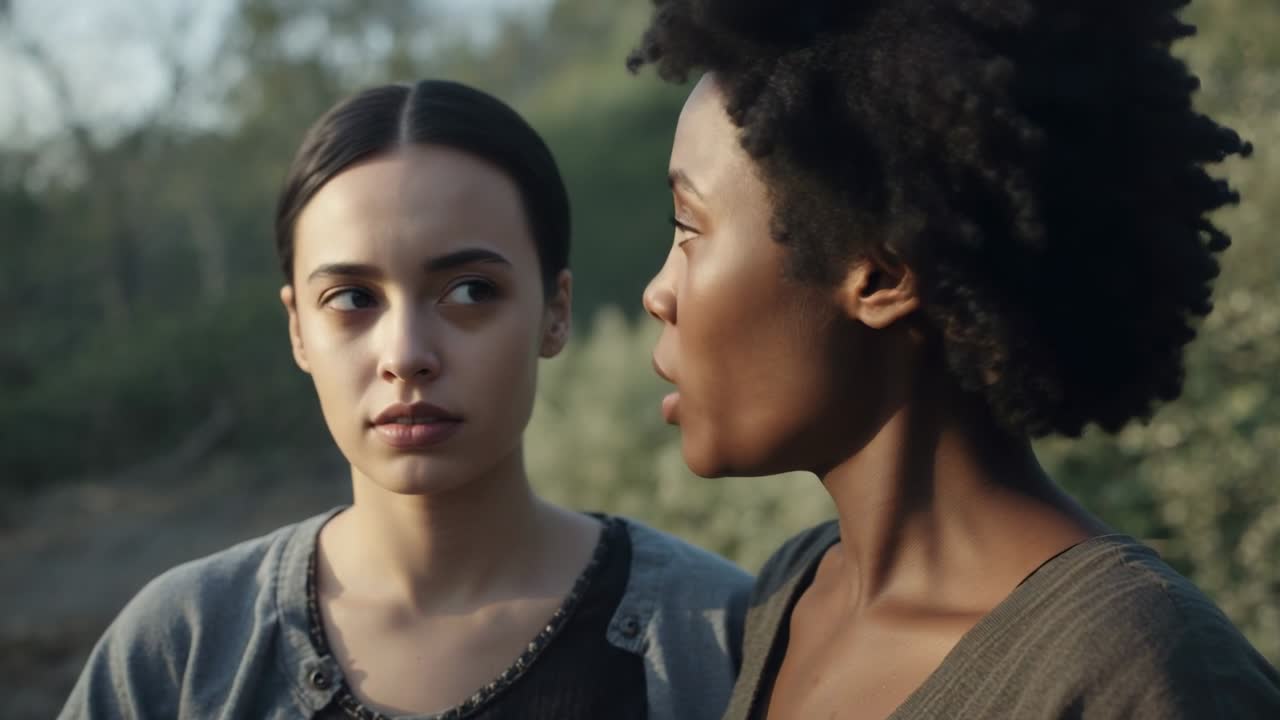 Mulher de cabelo cacheado à direita, vestida, falando com a mulher de rabo de cavalo à esquerda em uma encosta, compartilhando uma conversa tranquila.