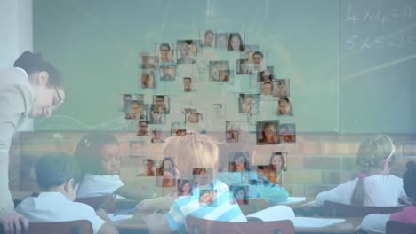 animation of network of connections over diverse pupils with female teacher