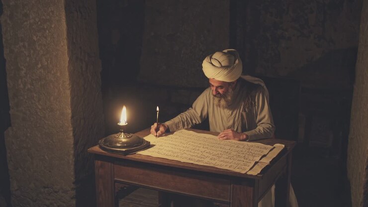 A historical video scene with a low-angle shot of a man writing by candlelight in a dimly lit room