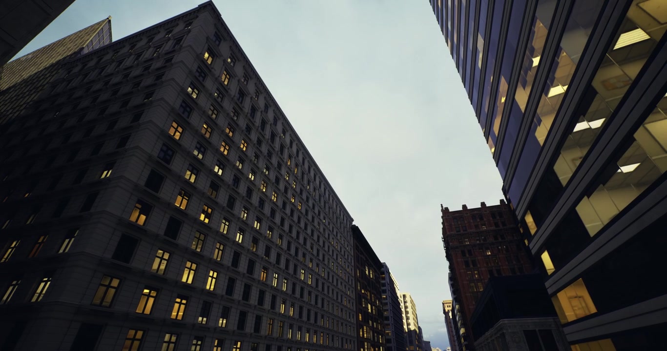 Escena urbana nocturna con ventanas iluminadas y el ambiente de las farolas