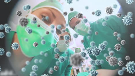 animation of 3d covid 19 cells floating over doctors wearing face masks