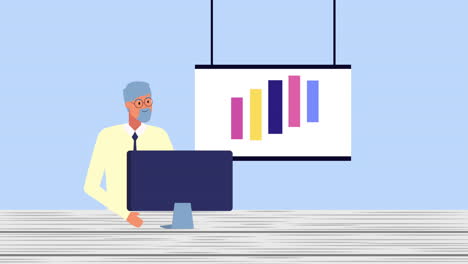 hombre de negocios usando el escritorio con animación de estadísticas