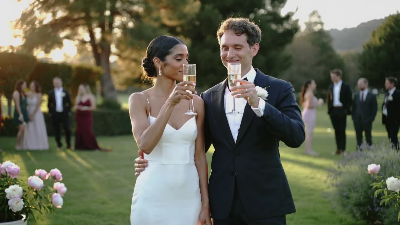 Coppia di sposi sollevata dopo aver posato, alzando i calici sul prato, brindando al matrimonio in abito da sposa e smoking.