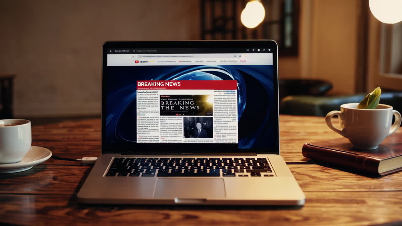 Laptop displaying breaking news in a cafe